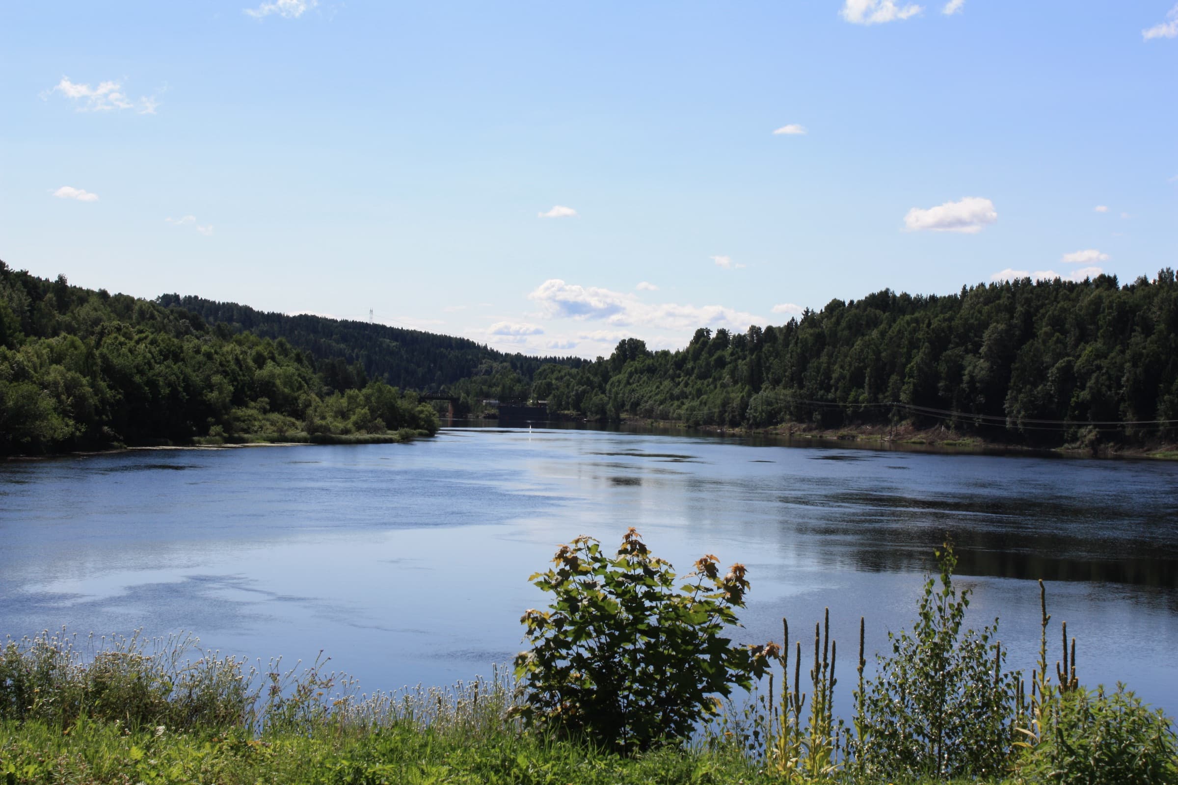 Drammenselva ved Åmot en sommerdag, med skogkledde åser på begge sider.